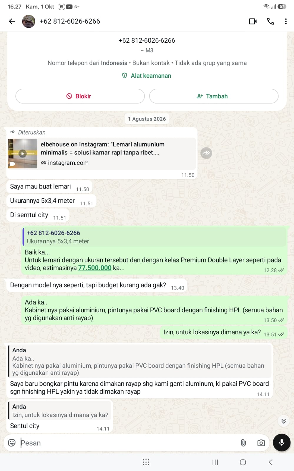 Foto kondisi dapur kiriman calon customer