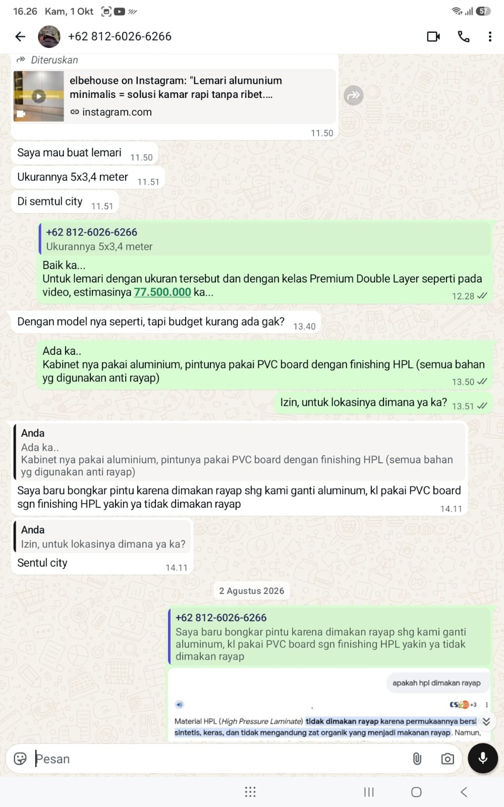 Foto kondisi dapur kiriman calon customer