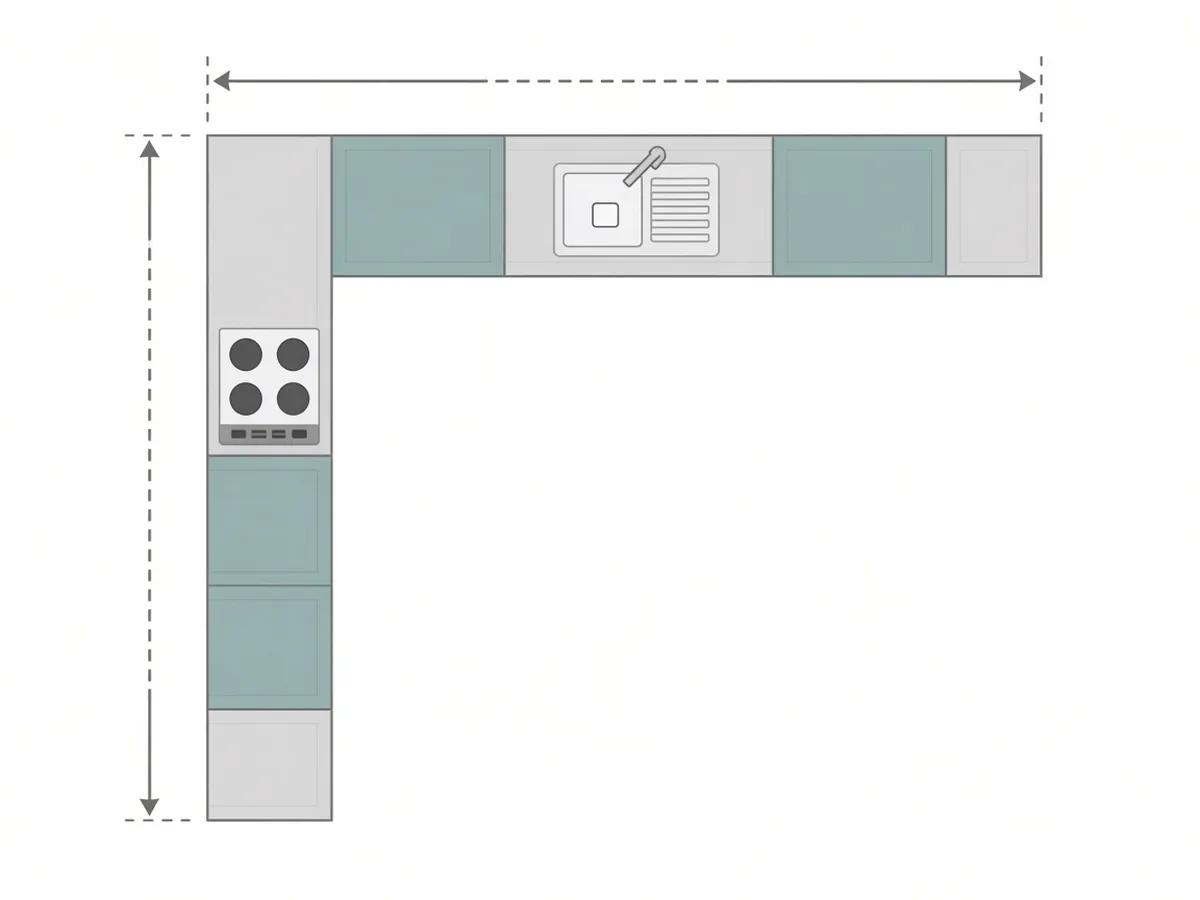 Denah dapur letter L untuk menghitung biaya bikin kitchen set per meter lari