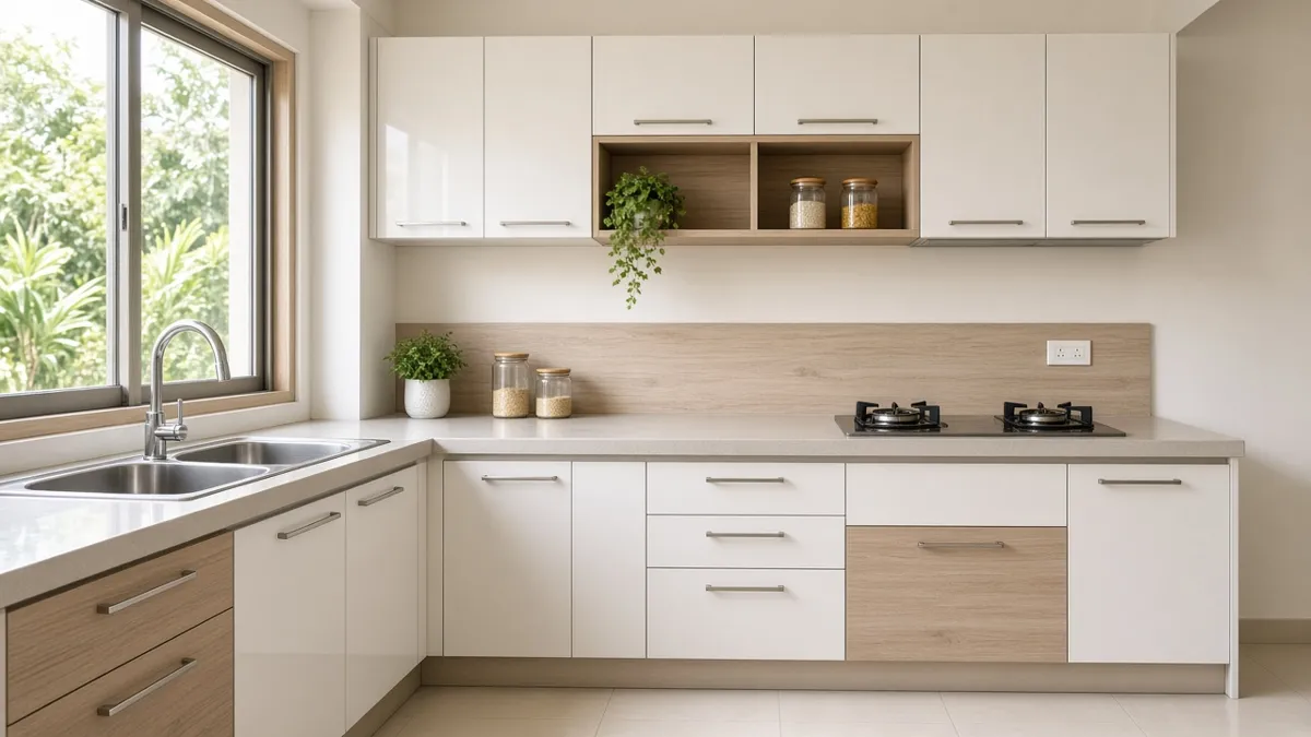 Kitchen set aluminium bentuk lurus di dapur rumah, contoh untuk menghitung biaya bikin kitchen set