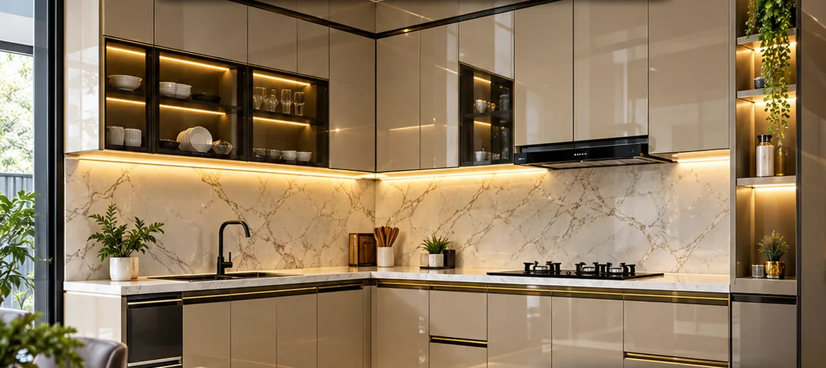 Ilustrasi desain kitchen set ACP warna krem dengan lampu LED di bawah kabinet atas