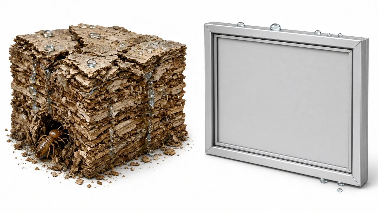 Ilustrasi perbandingan material aluminium/PVC board dan partikel board