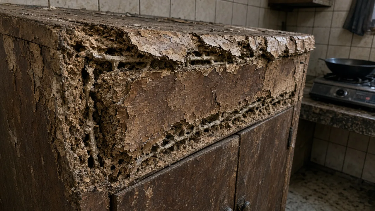 Kabinet kayu rusak dimakan rayap dan melembung